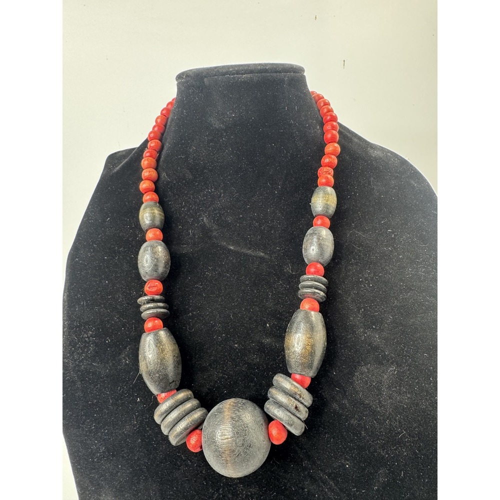 Vintage Chunky Wooden Bead Necklace Red Black Boho Statement 24.5 Inch